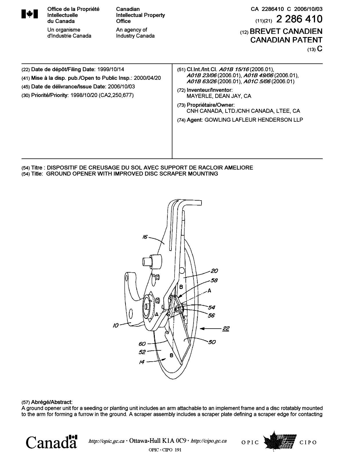 Document de brevet canadien 2286410. Page couverture 20060906. Image 1 de 2