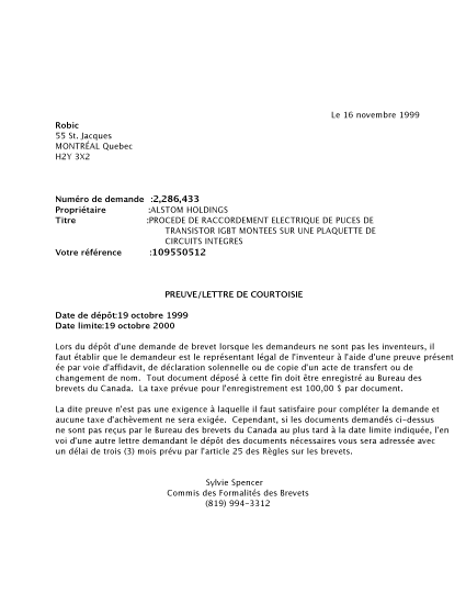 Canadian Patent Document 2286433. Correspondence 19990319. Image 1 of 1