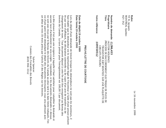 Document de brevet canadien 2286433. Correspondance 19990319. Image 1 de 1