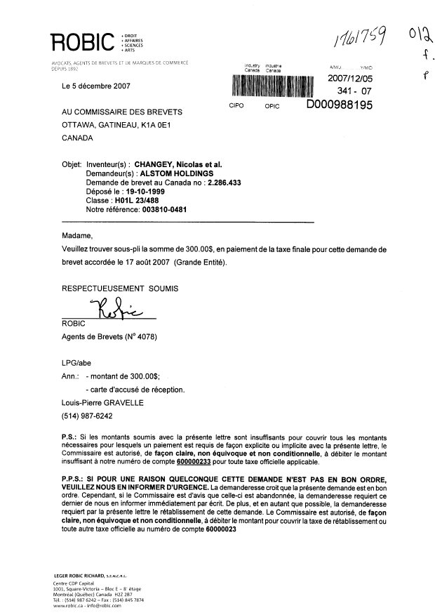 Document de brevet canadien 2286433. Correspondance 20071205. Image 1 de 1