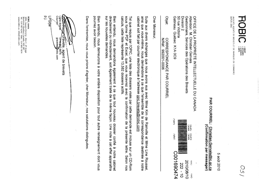 Document de brevet canadien 2286433. Correspondance 20100810. Image 1 de 1