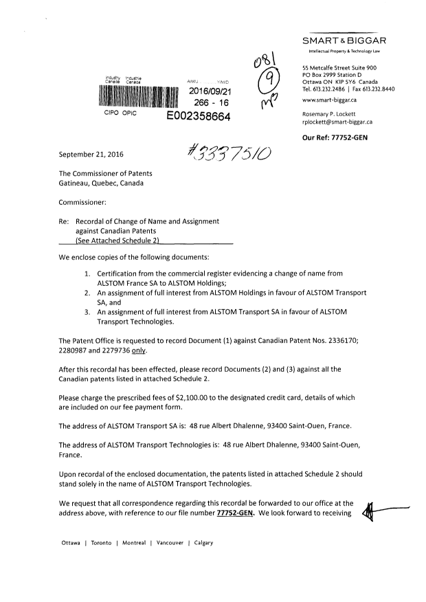Document de brevet canadien 2286433. Cession 20160921. Image 1 de 21