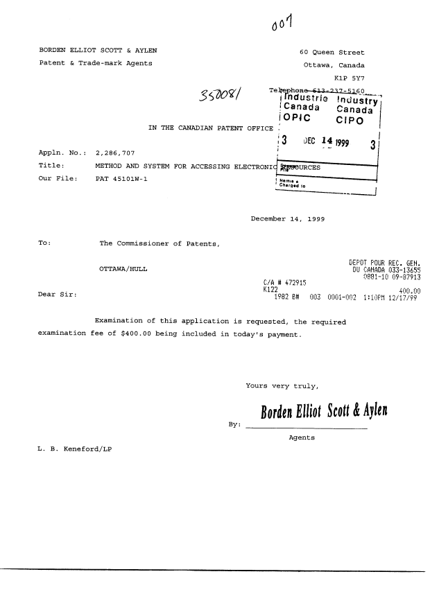 Canadian Patent Document 2286707. Prosecution-Amendment 19991214. Image 1 of 1