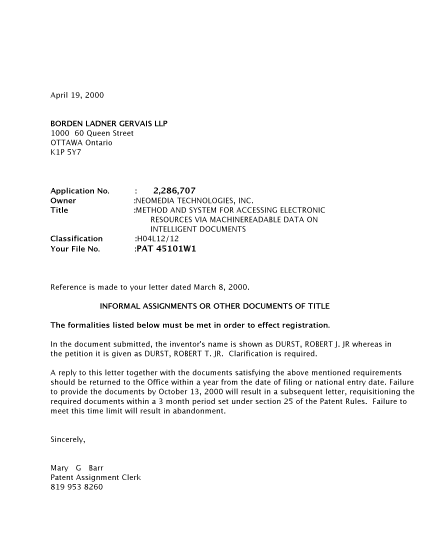 Document de brevet canadien 2286707. Correspondance 20000419. Image 1 de 1