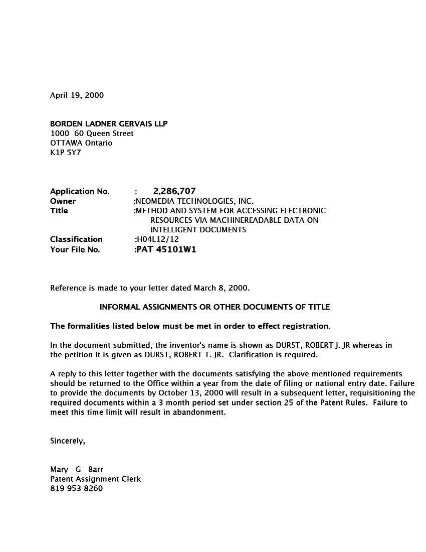 Canadian Patent Document 2286707. Correspondence 20000419. Image 1 of 1