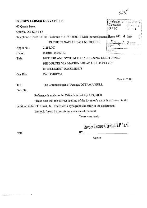 Document de brevet canadien 2286707. Cession 20000504. Image 1 de 1