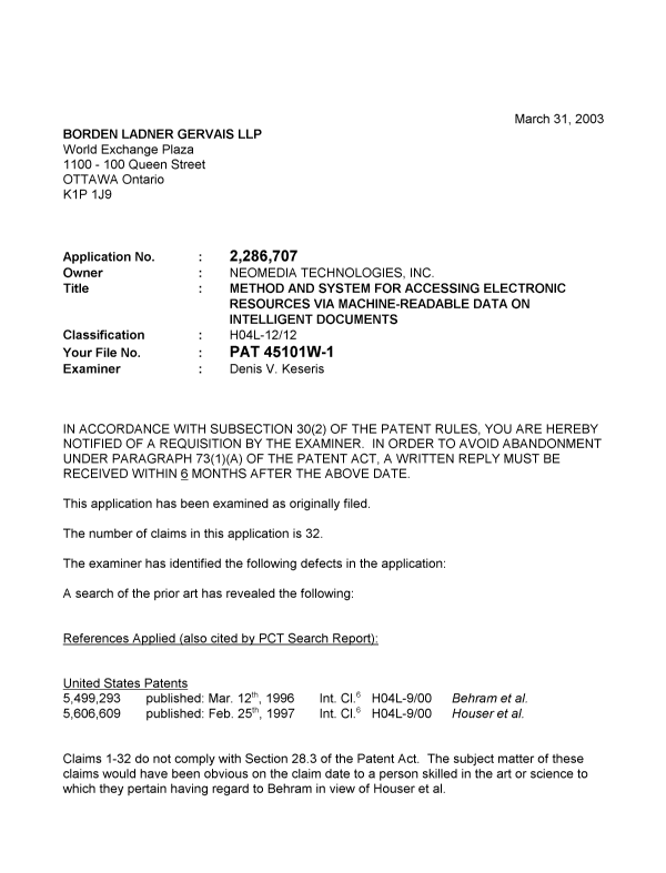 Canadian Patent Document 2286707. Prosecution-Amendment 20030331. Image 1 of 3