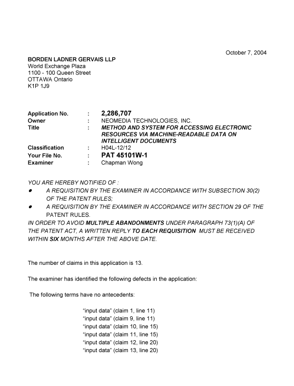 Document de brevet canadien 2286707. Poursuite-Amendment 20041007. Image 1 de 2