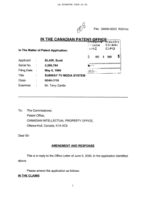 Document de brevet canadien 2286794. Poursuite-Amendment 20001201. Image 1 de 7
