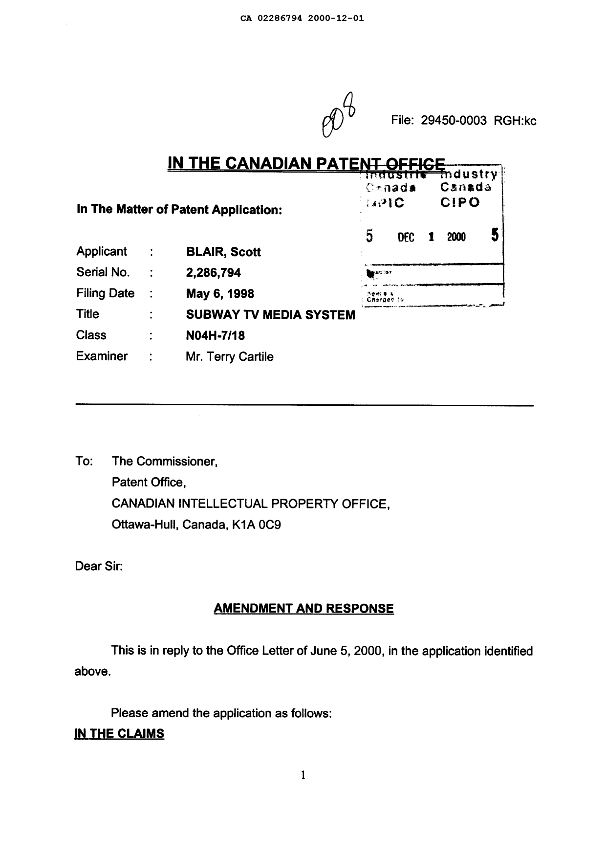 Document de brevet canadien 2286794. Poursuite-Amendment 20001201. Image 1 de 7