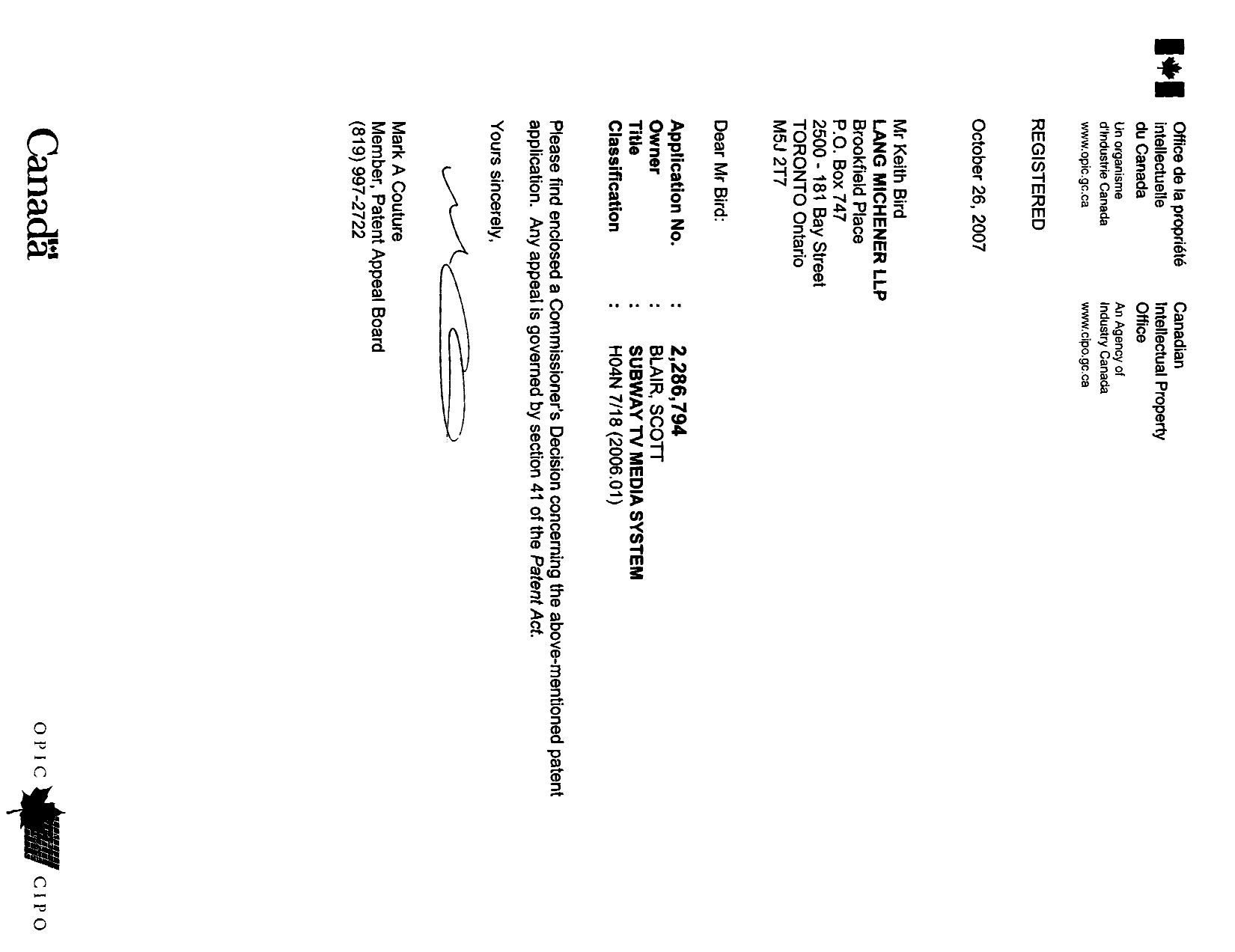 Document de brevet canadien 2286794. Correspondance 20061226. Image 1 de 1