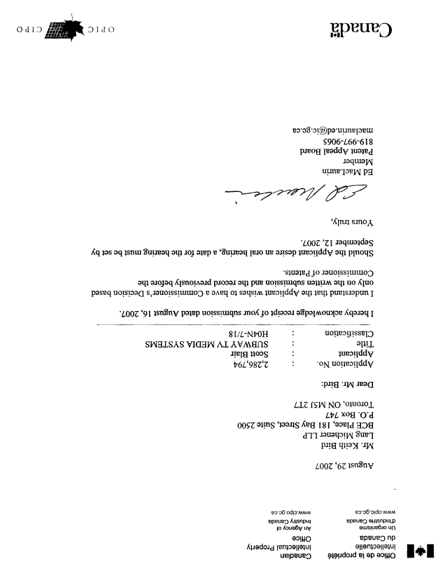 Canadian Patent Document 2286794. Correspondence 20070829. Image 1 of 1