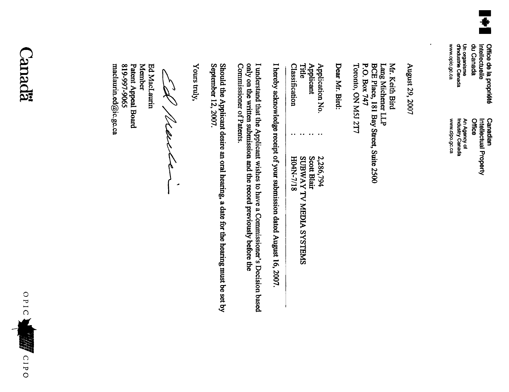 Document de brevet canadien 2286794. Correspondance 20070829. Image 1 de 1