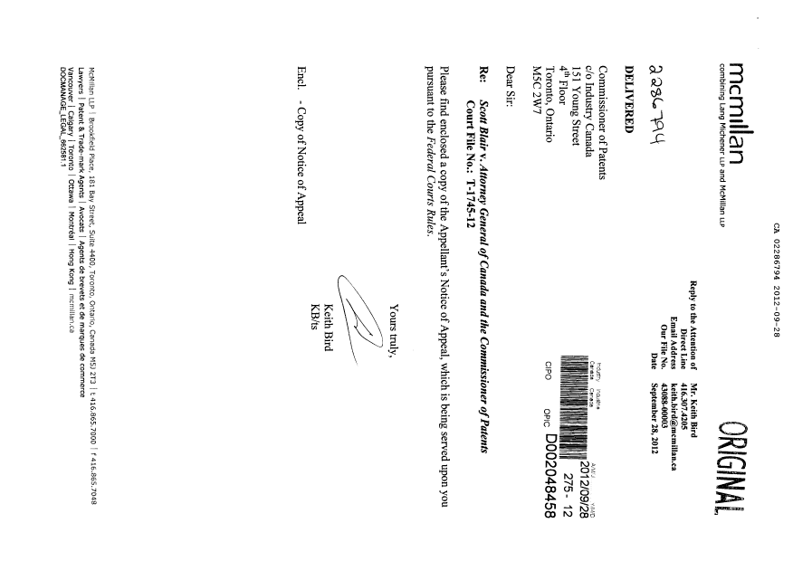 Canadian Patent Document 2286794. Prosecution-Amendment 20120928. Image 1 of 6