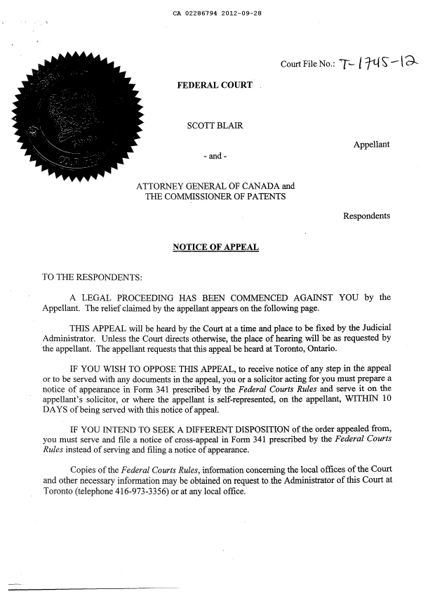 Canadian Patent Document 2286794. Prosecution-Amendment 20120928. Image 2 of 6