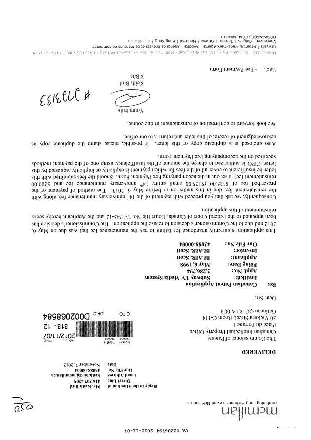 Document de brevet canadien 2286794. Taxes 20121107. Image 1 de 1