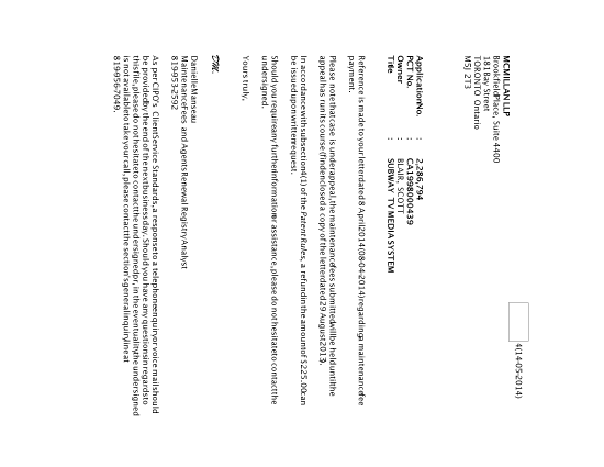 Canadian Patent Document 2286794. Correspondence 20140514. Image 1 of 1