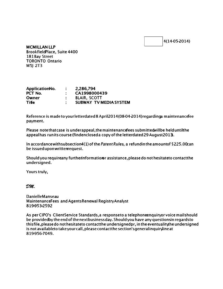 Canadian Patent Document 2286794. Correspondence 20140514. Image 1 of 1