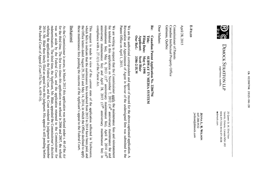 Canadian Patent Document 2286794. Correspondence 20141228. Image 2 of 6