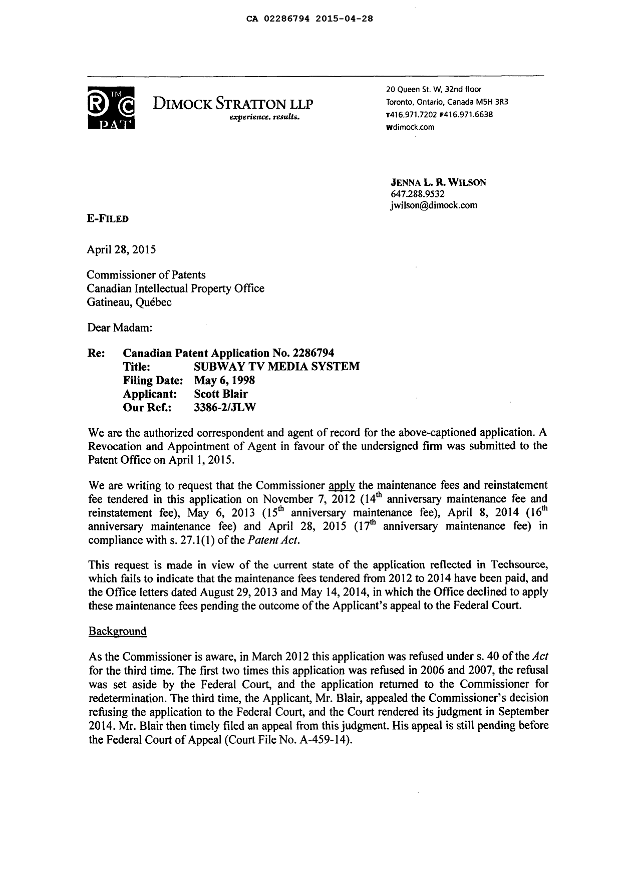 Document de brevet canadien 2286794. Correspondance 20150428. Image 2 de 6