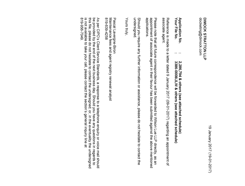 Document de brevet canadien 2286794. Correspondance 20161219. Image 1 de 2