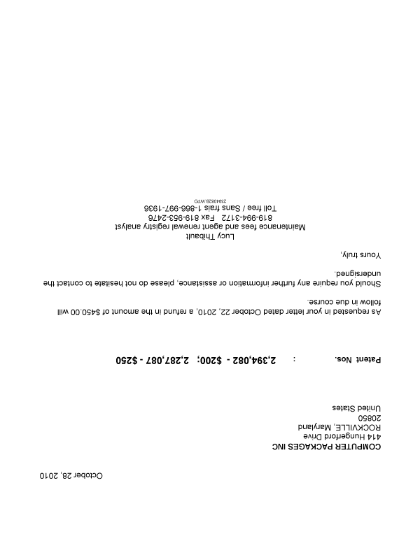 Canadian Patent Document 2287087. Correspondence 20101028. Image 1 of 1