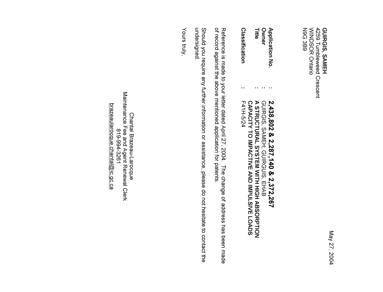 Document de brevet canadien 2287140. Correspondance 20040527. Image 1 de 1