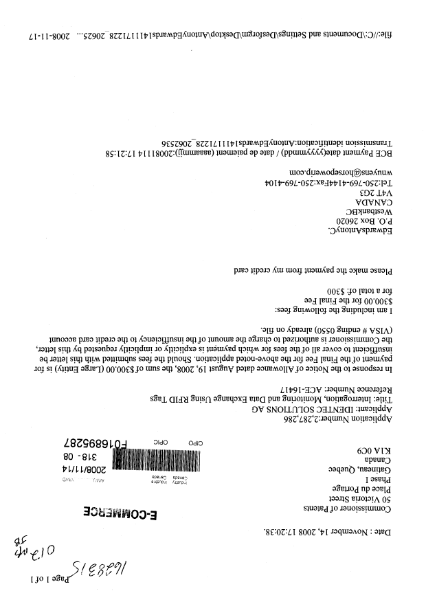 Canadian Patent Document 2287286. Correspondence 20081114. Image 1 of 1