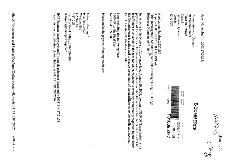 Document de brevet canadien 2287286. Correspondance 20081114. Image 1 de 1