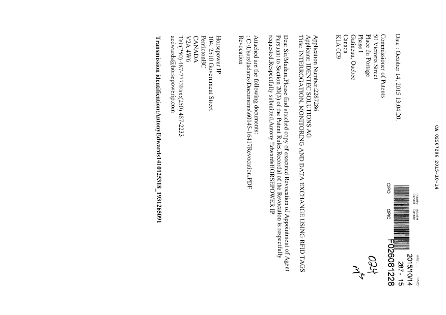 Document de brevet canadien 2287286. Changement de nomination d'agent 20151014. Image 1 de 2