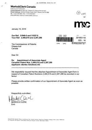 Document de brevet canadien 2287286. Changement de nomination d'agent 20160119. Image 1 de 2