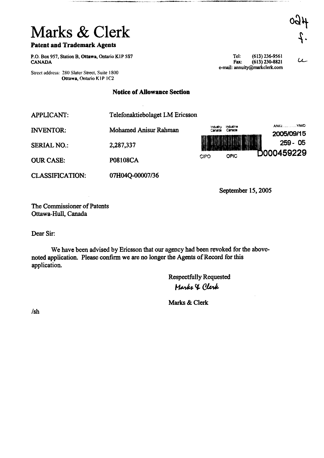 Document de brevet canadien 2287337. Correspondance 20050915. Image 1 de 1