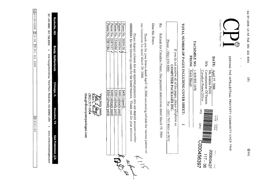 Document de brevet canadien 2287337. Correspondance 20060427. Image 1 de 1