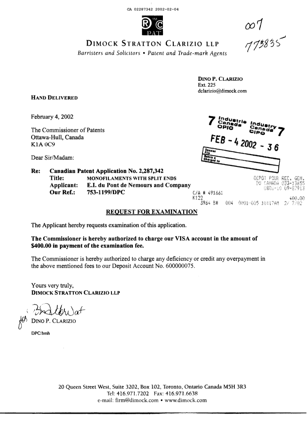 Document de brevet canadien 2287342. Poursuite-Amendment 20020204. Image 1 de 1