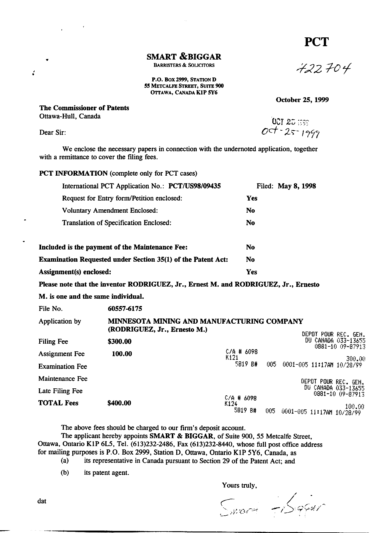 Document de brevet canadien 2287347. Cession 19991025. Image 1 de 4