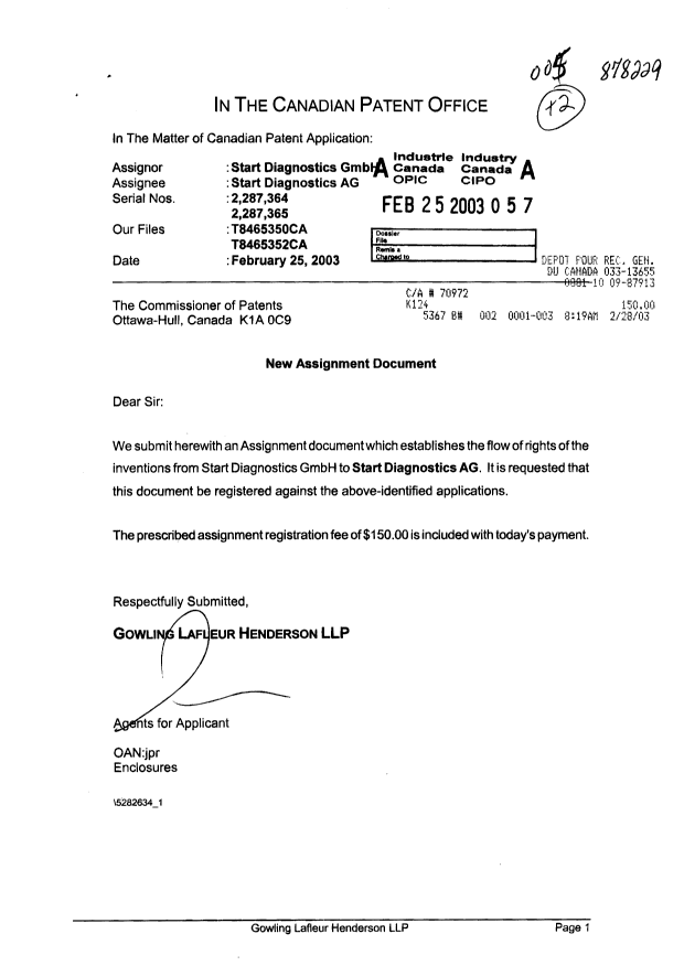 Document de brevet canadien 2287365. Cession 20030225. Image 1 de 3