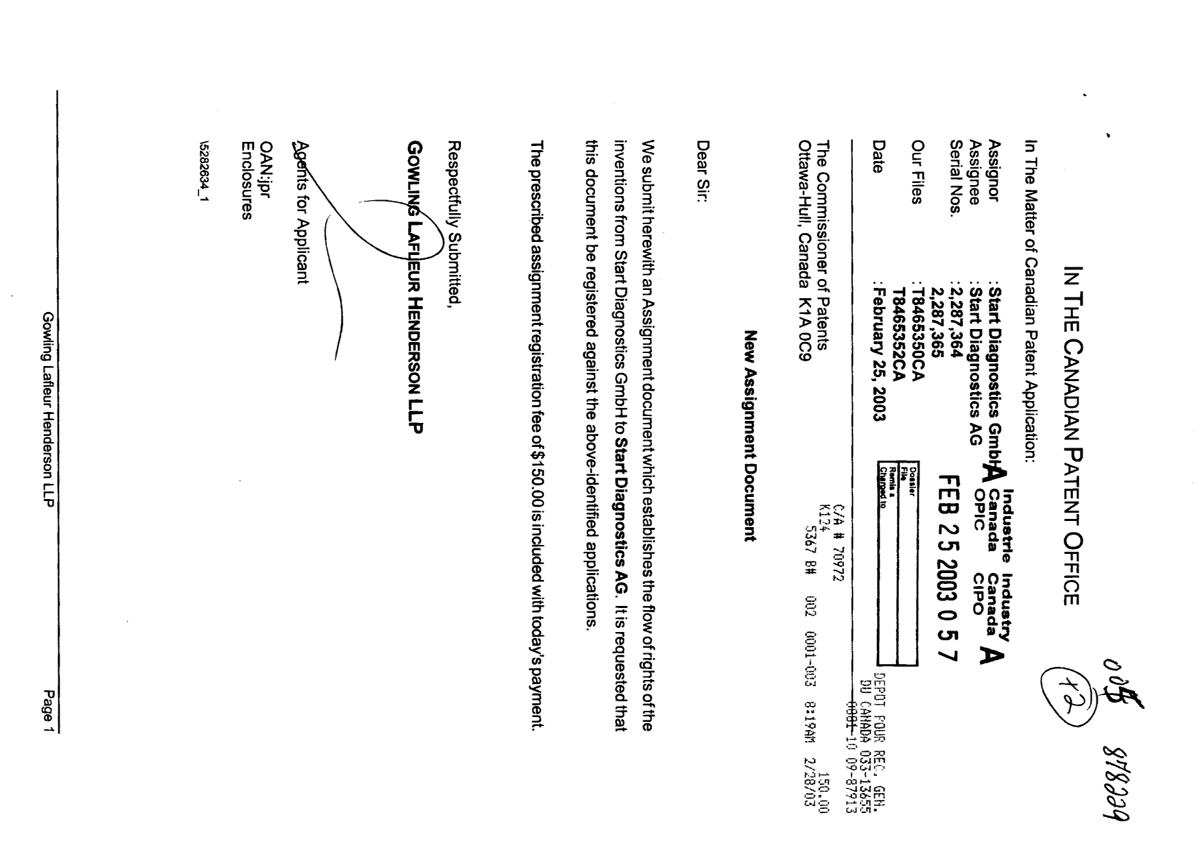Canadian Patent Document 2287365. Assignment 20030225. Image 1 of 3