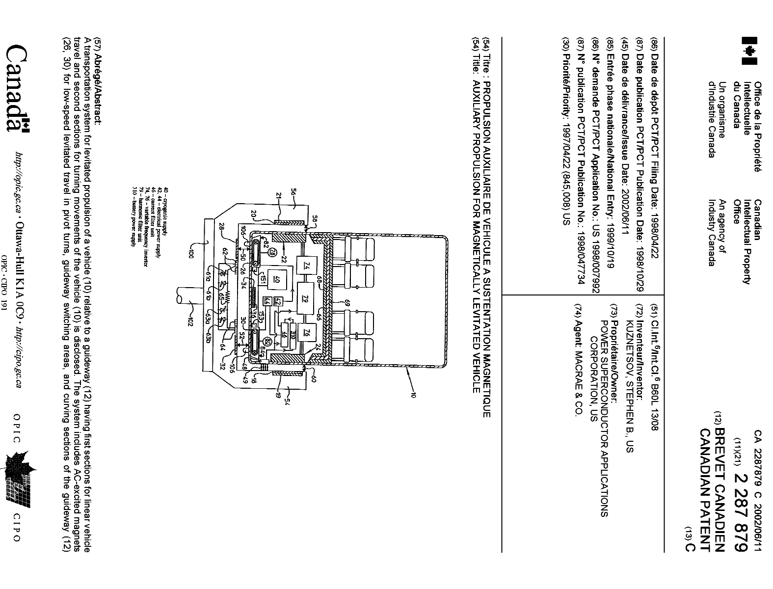 Canadian Patent Document 2287879. Cover Page 20020509. Image 1 of 2