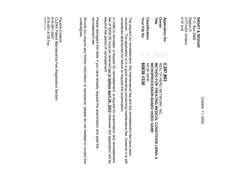 Document de brevet canadien 2287903. Correspondance 20021011. Image 1 de 1