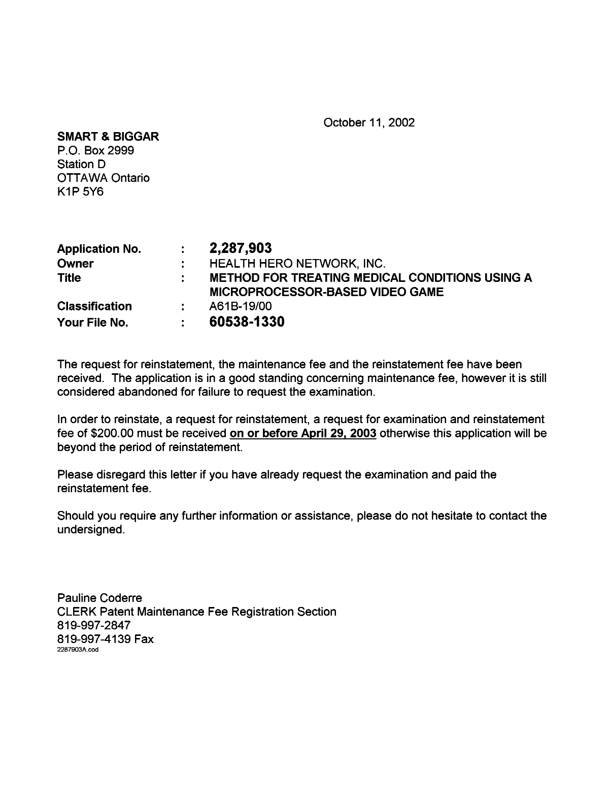 Document de brevet canadien 2287903. Correspondance 20021011. Image 1 de 1