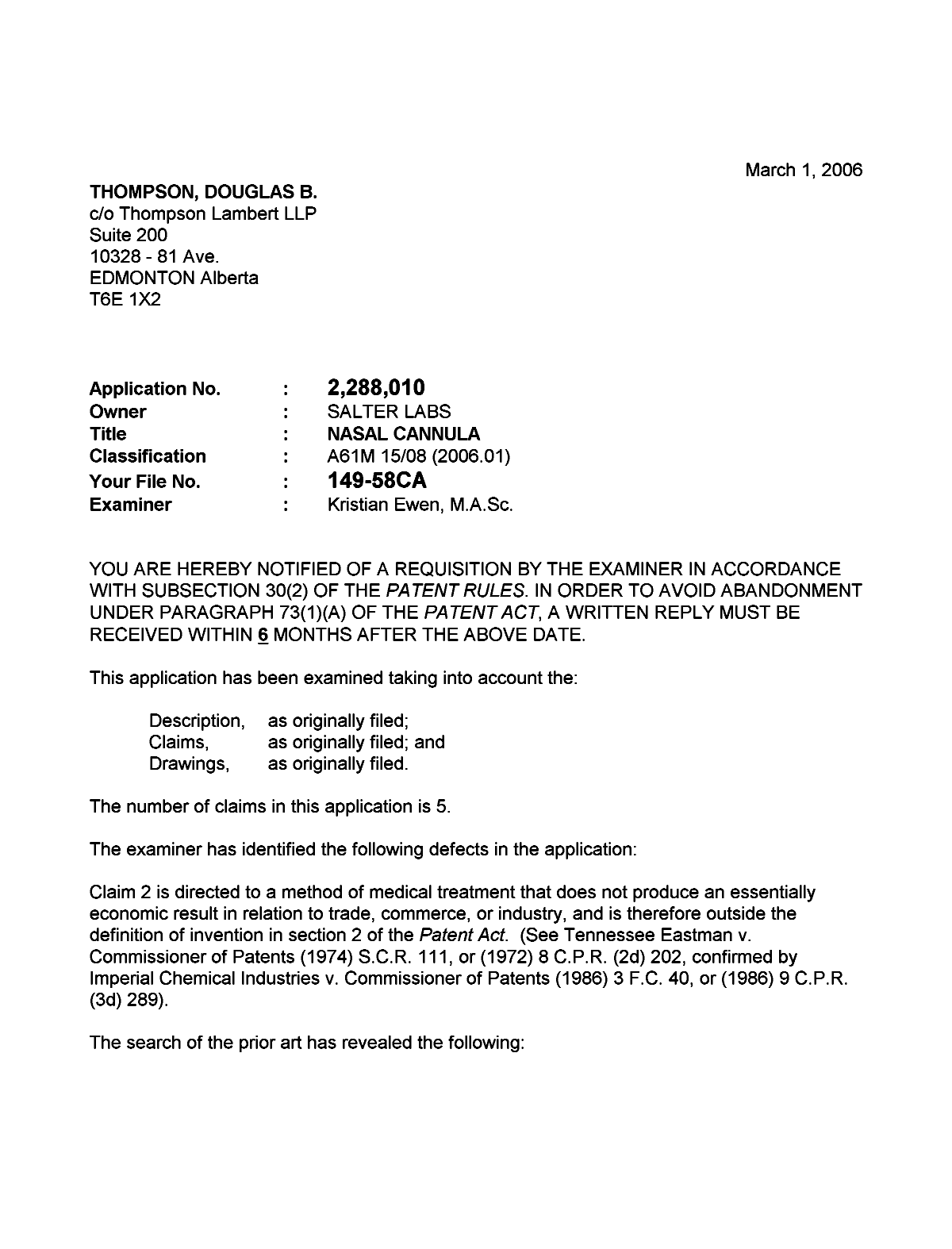 Canadian Patent Document 2288010. Prosecution-Amendment 20051201. Image 1 of 4