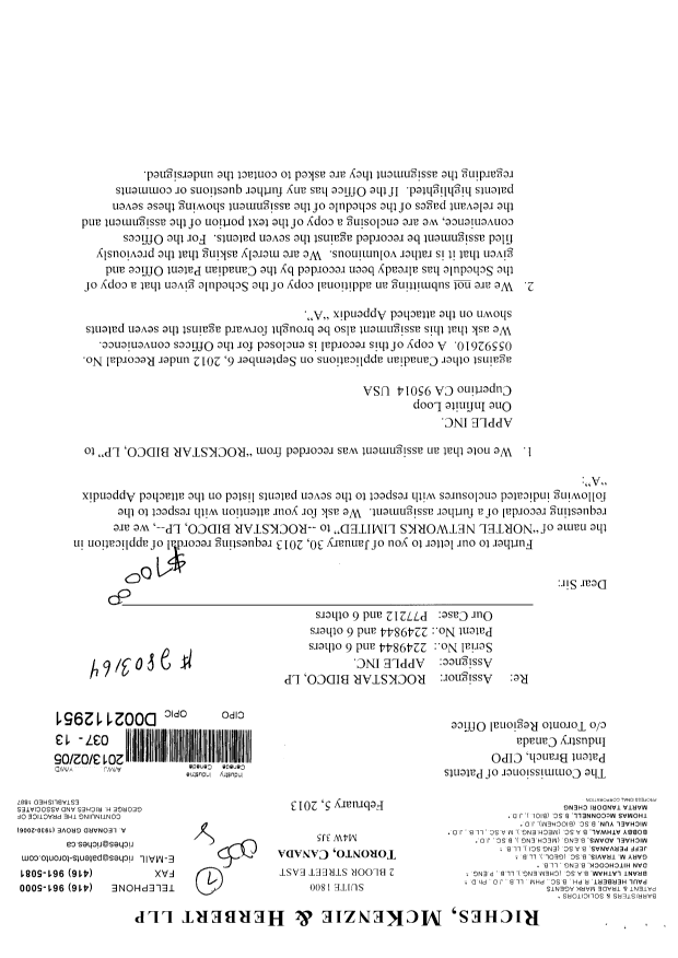 Canadian Patent Document 2288020. Assignment 20130205. Image 1 of 15