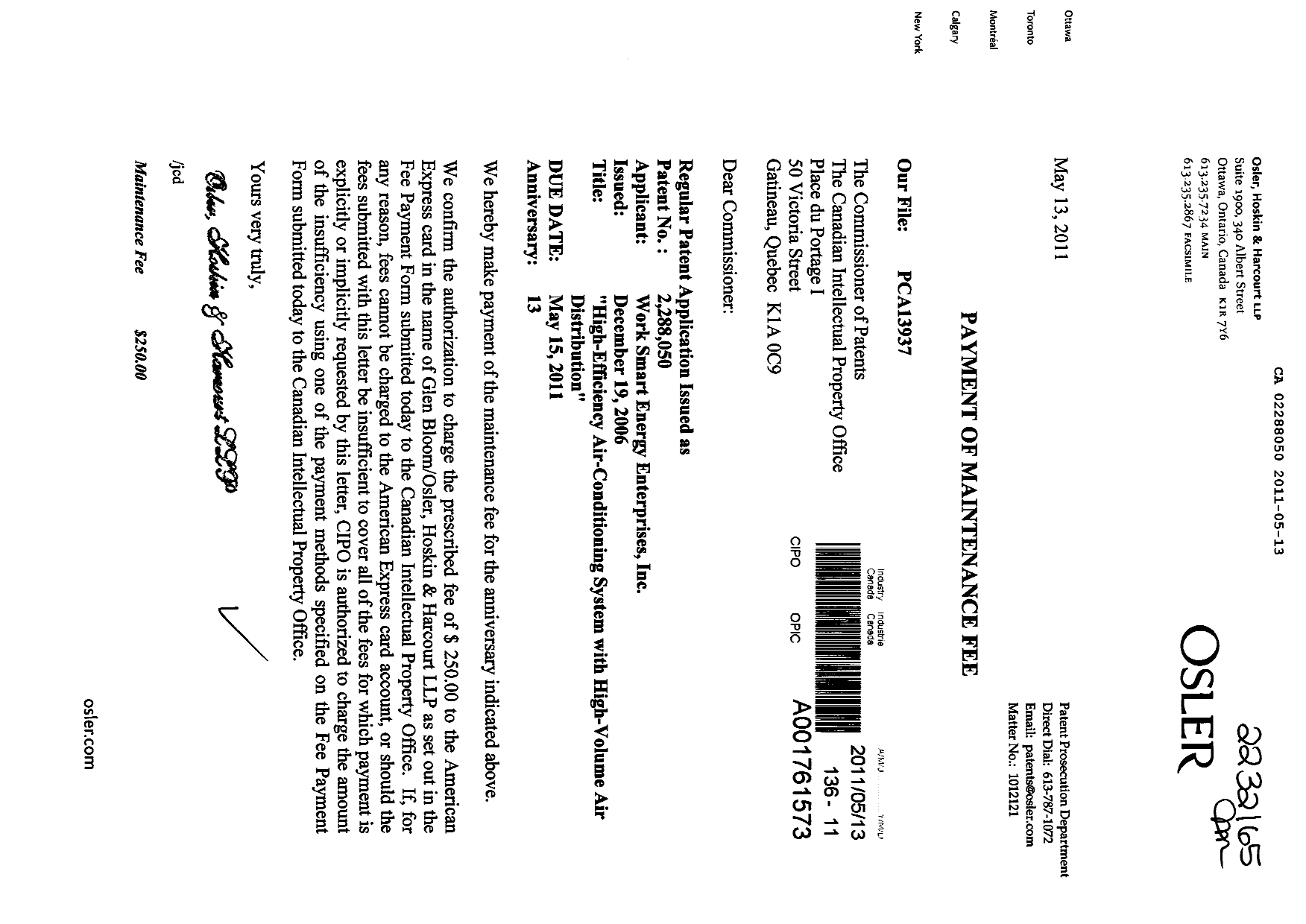 Canadian Patent Document 2288050. Fees 20110513. Image 1 of 1