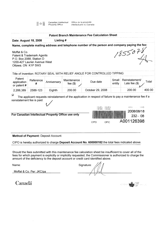 Canadian Patent Document 2288389. Fees 20080818. Image 1 of 1