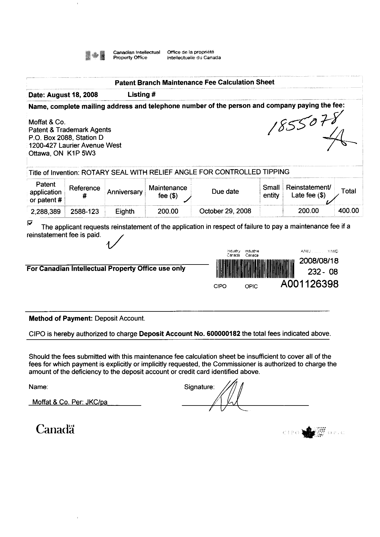 Document de brevet canadien 2288389. Taxes 20080818. Image 1 de 1