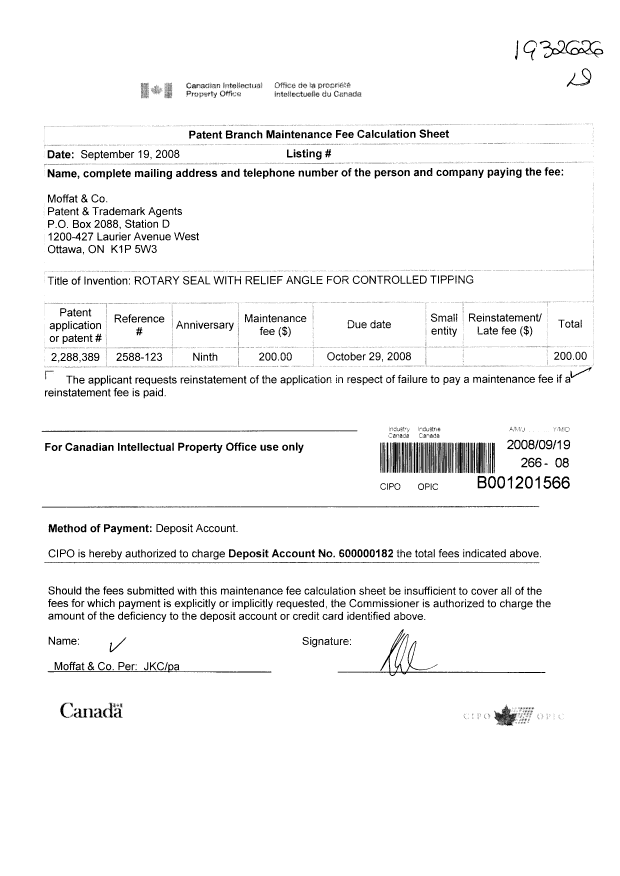 Canadian Patent Document 2288389. Fees 20080919. Image 1 of 1