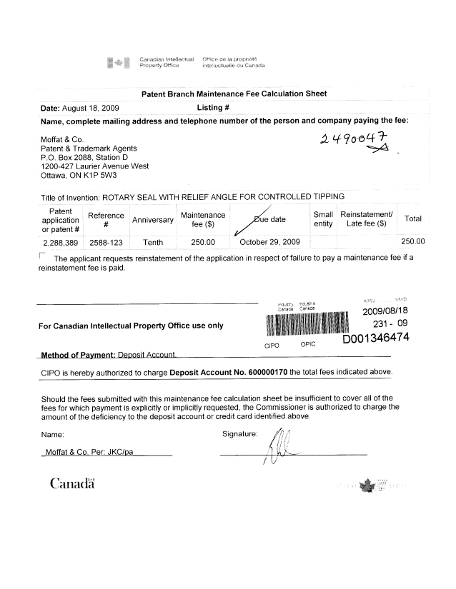 Canadian Patent Document 2288389. Fees 20090818. Image 1 of 1