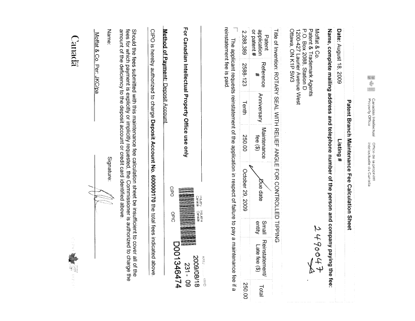 Document de brevet canadien 2288389. Taxes 20090818. Image 1 de 1