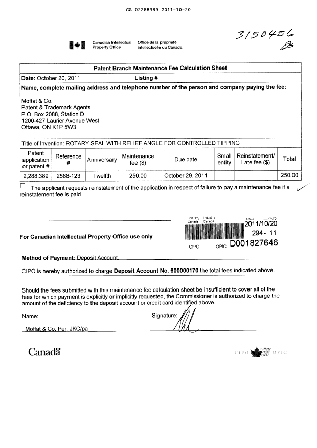 Canadian Patent Document 2288389. Fees 20111020. Image 1 of 1