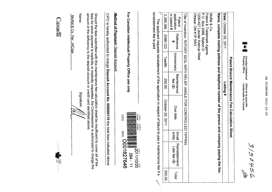Document de brevet canadien 2288389. Taxes 20111020. Image 1 de 1